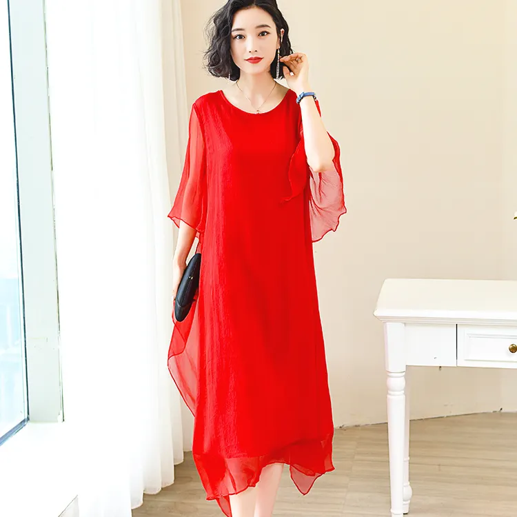 红色真丝连衣裙女中长款2025年新款妈妈夏装重磅桑蚕丝沙滩裙子