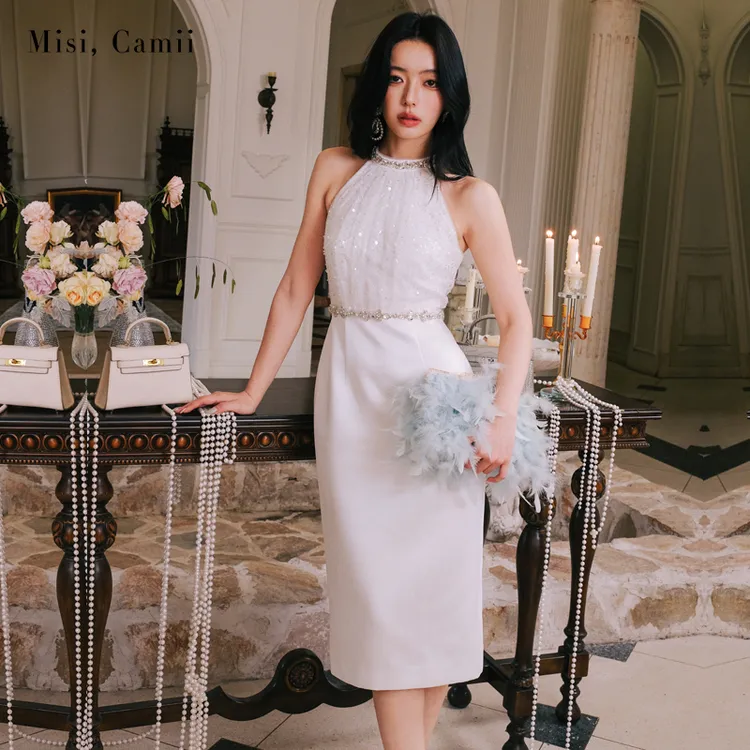 Misi,Camii2024秋冬新款女装钻饰削肩钉珠缎面礼服裙名媛风连衣裙