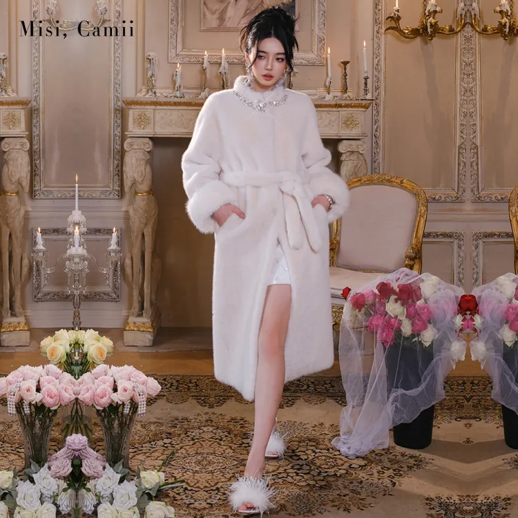 Misi,Camii2024冬季新款高贵名媛风钻链立领环保毛大衣长外套百搭