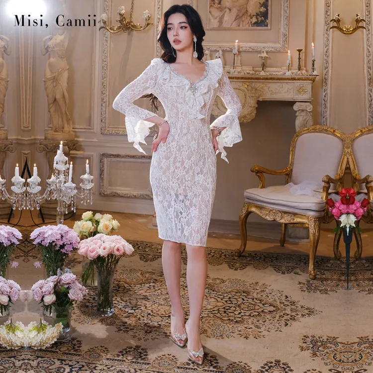 Misi,Camii2025早春新款女装荷叶边蕾丝修身连衣裙名媛风高贵显瘦