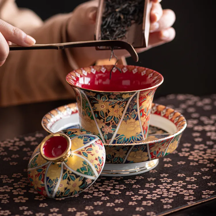 珐琅彩三才盖碗陶瓷泡茶碗茶杯家用功夫茶具敬茶碗品茗杯个人单杯