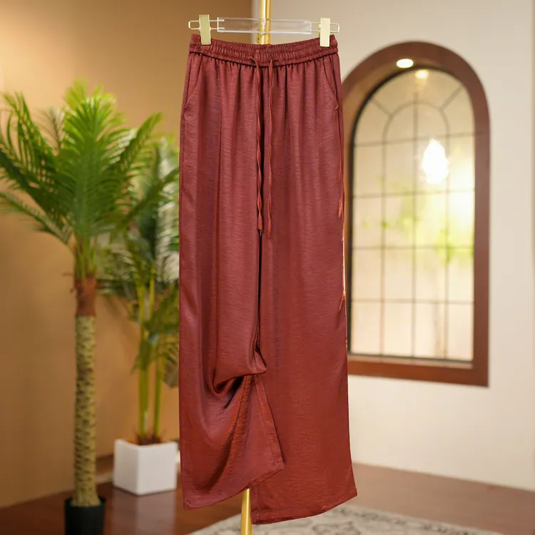 重磅厚缎直筒阔腿裤秋季厚款女裤新中式高档女士休闲裤4020