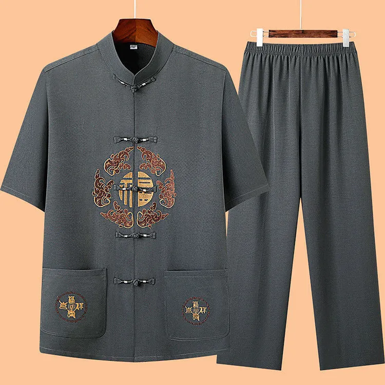 唐装男中老年人短袖套装爸爸汉服夏装中国风男装爷爷复古衣服