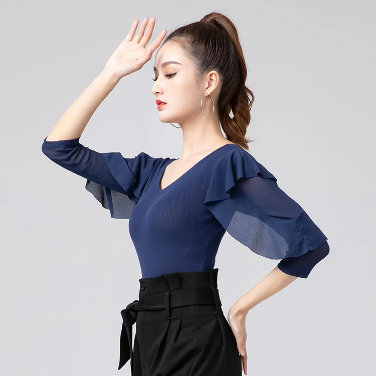 拉丁舞优雅女透气摩登舞吉特巴黑色服装连体训练形体团体演出表演