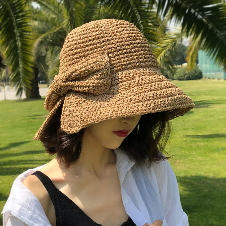 日系蝴蝶结草帽遮脸太阳帽遮阳海边沙滩帽大帽檐女士大沿帽编织