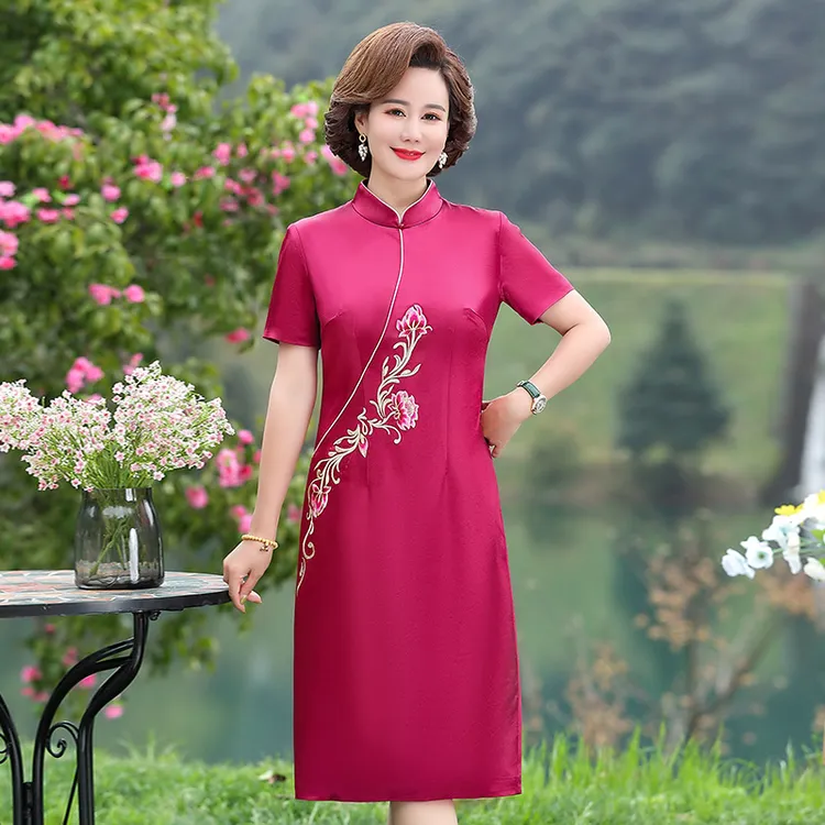 夏季女婆婆装喜妈妈高端大牌醋酸绣花短袖婚宴旗袍礼服结婚敬酒服