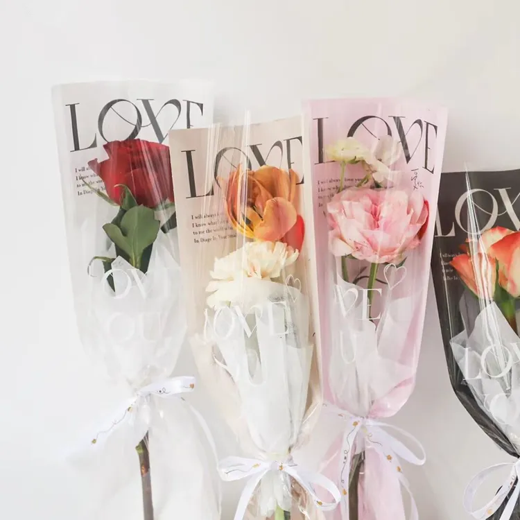 七夕情人节单支玫瑰袋LOVE一体直筒袋牛皮纸+opp膜14*40cm 不防水