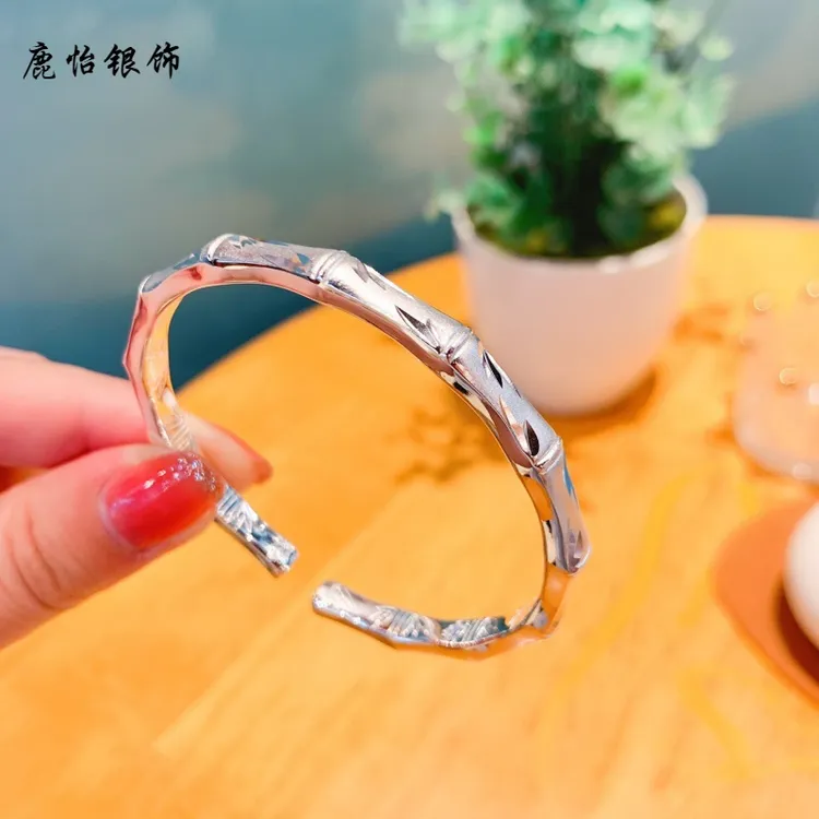 鹿怡 足银手镯 约31克足银999.9竹节开口女款银镯子时尚节节高升