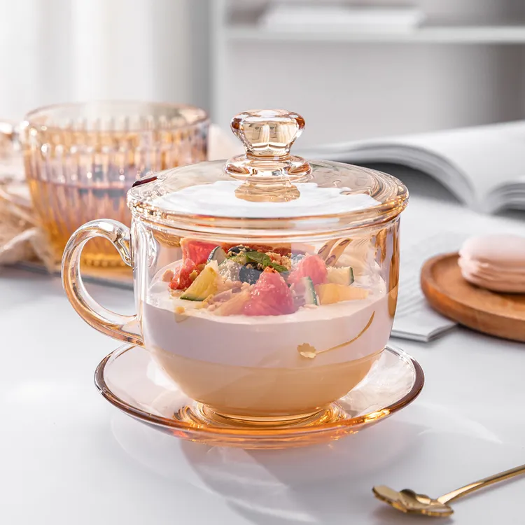 朗旭琥珀色早餐杯带盖勺子牛奶杯微波炉燕麦杯泡藕粉泡麦片玻璃杯