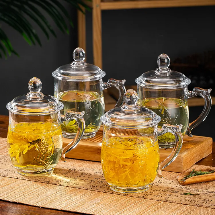 朗旭无铅玻璃茶杯大容量泡茶杯带盖带把手加厚耐高温玻璃杯子