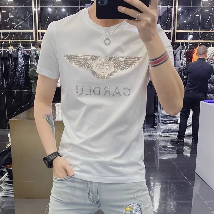 欧美夏季新款男士圆领烫钻短袖男珠片修身时尚网红款男士短袖t恤