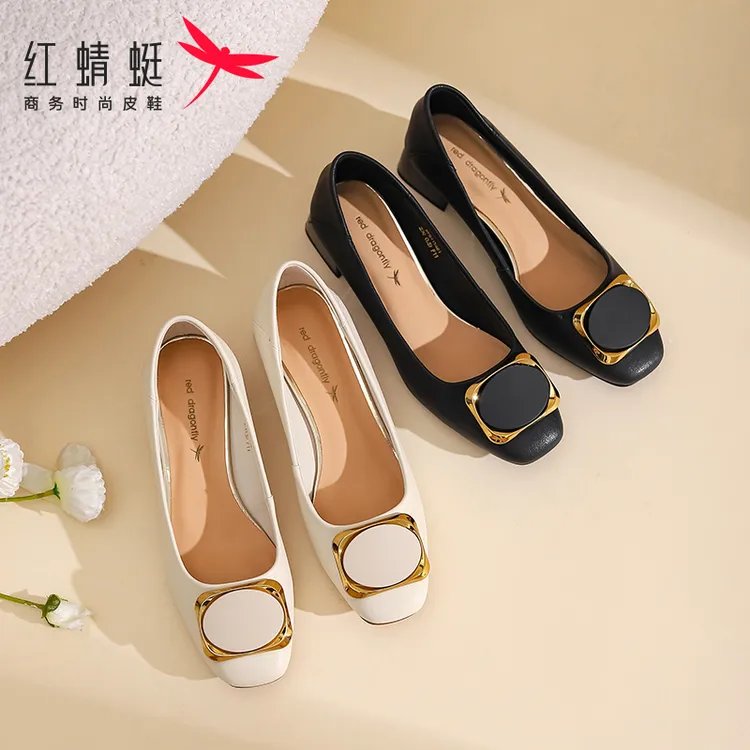 【红蜻蜓正品】单鞋小皮鞋乐福鞋粗跟女士高跟鞋百搭品牌女鞋直播