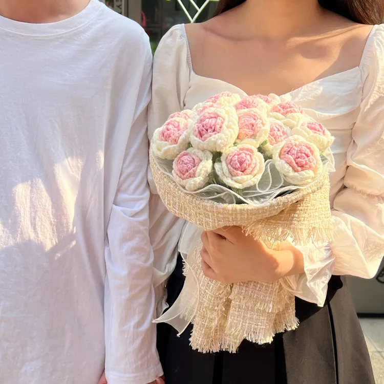 【七夕礼物】手工钩织diy毛线花束甜美玫瑰花材料包礼物送女生