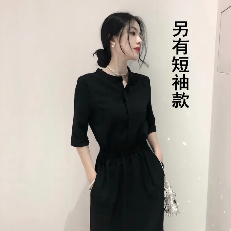 裙子女夏季2025新款收腰显瘦高级感长裙赫本风长款中袖黑色连衣裙