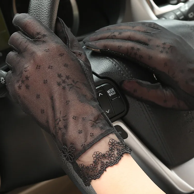 珍碧斯开车防晒手套薄款女户外骑行遮阳防滑透气冰丝触屏蕾丝全指