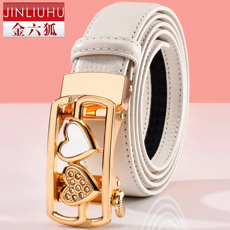 白色皮带女自动扣牛仔裤时尚百搭头层牛皮3厘米宽腰带女真皮ins风