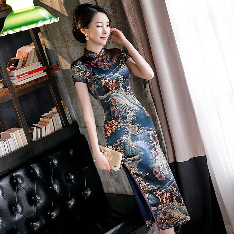 夏季高档真丝桑蚕丝中国风旗袍大码复古修身显瘦走秀日常旗袍礼服