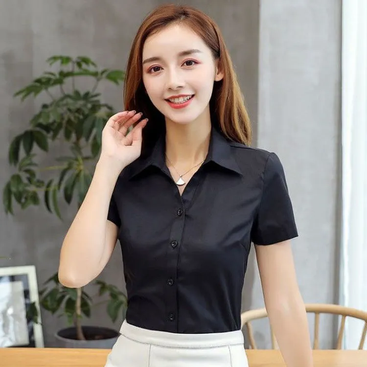 职业短袖衬衫女工作服高档正装夏季工装气质修身V领黑色时尚衬衣