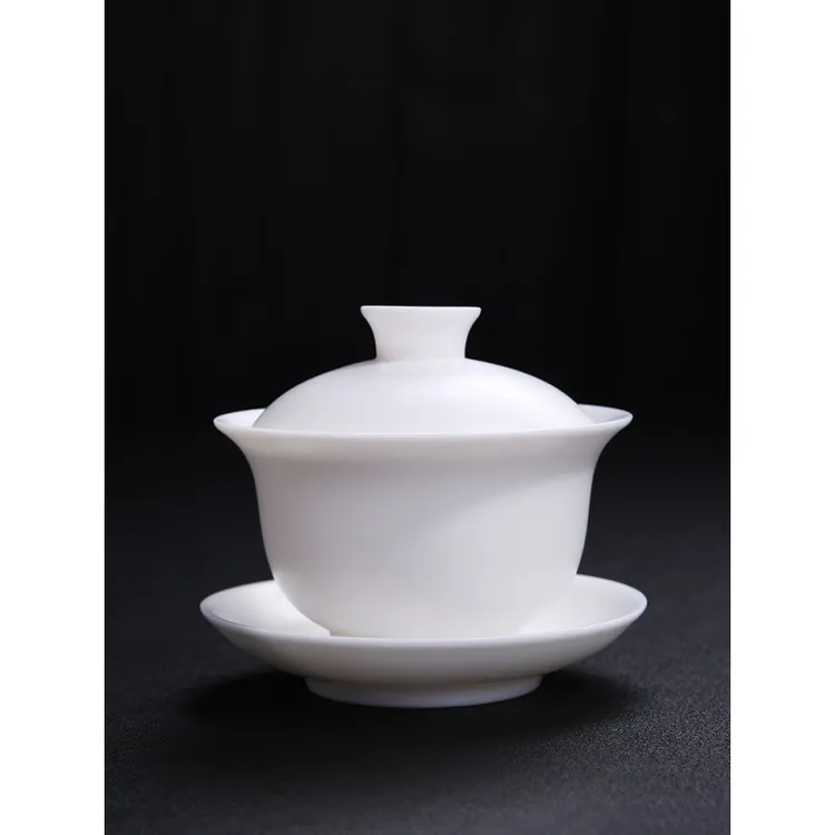铮兮德化羊脂玉冰种玉瓷三才盖碗功夫茶具单个泡茶盖碗大号家用