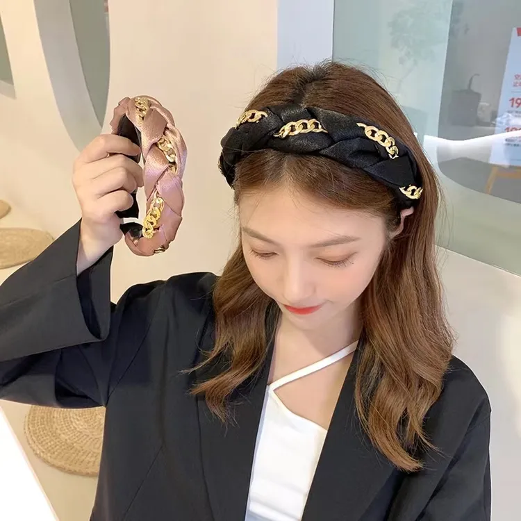 无金属布艺发饰 高颅顶发箍网红新款气质链条麻花宽边辫子头箍女