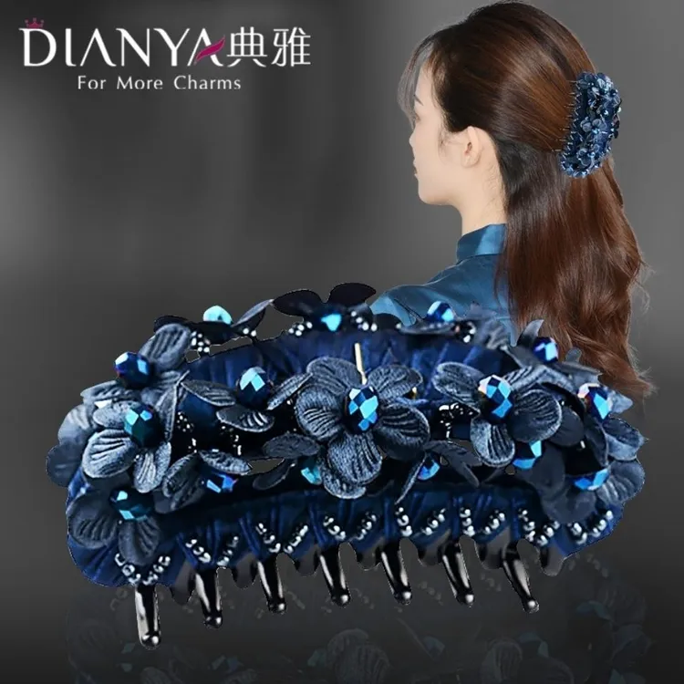 布艺发饰 头饰发夹抓夹顶夹后脑勺韩国布艺花朵水晶优雅气质发夹