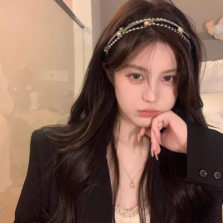 铜合金亚克力发饰 法式少女珍珠链条发箍高级感发饰头箍简约百搭