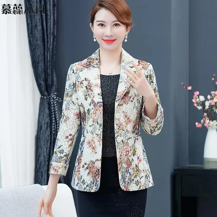 时尚妈妈装洋气春秋薄外套女装上衣西装碎花单薄七分袖百搭中年