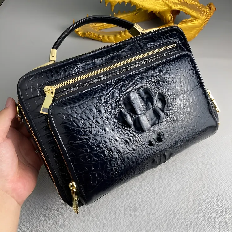 吉客鳄巴多功能真皮黑色时尚休闲手拎包单肩包休闲办公都可以百搭