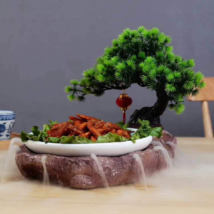 干冰餐具创意摆台田园风意境迎客松树圆形汤盘个性火锅酒店海鲜盘