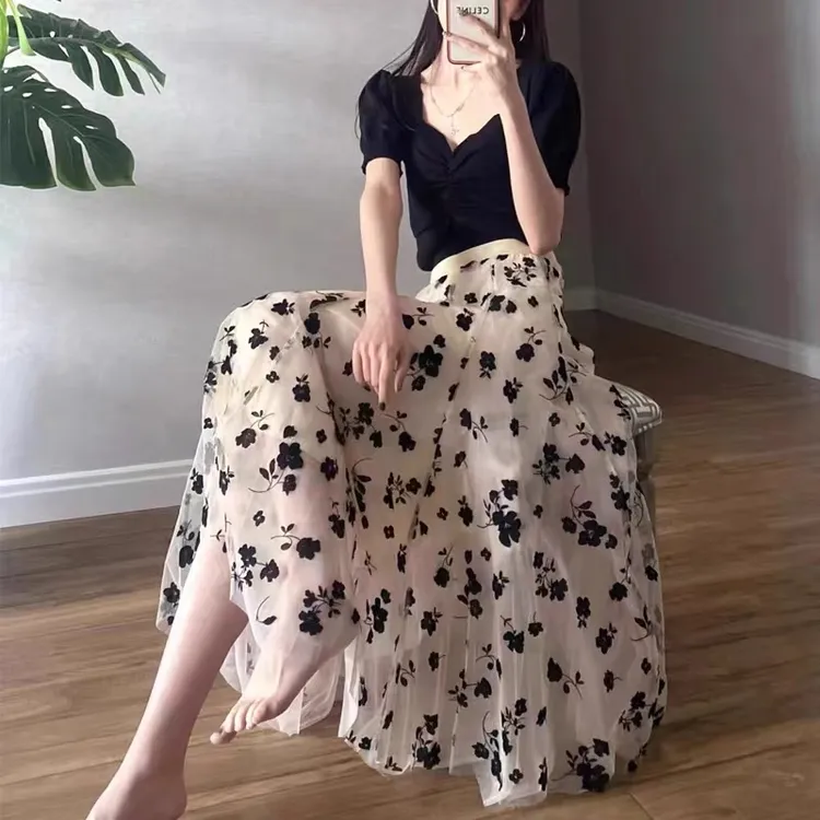 【精选好物】网纱半身裙春秋植绒碎花仙女度假纱裙大摆A字百褶裙