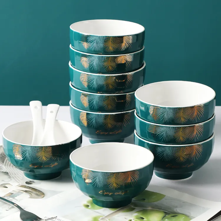 【粉丝福利】4.5英寸陶瓷碗10只祖母绿家用饭碗米饭碗松枝钻石碗