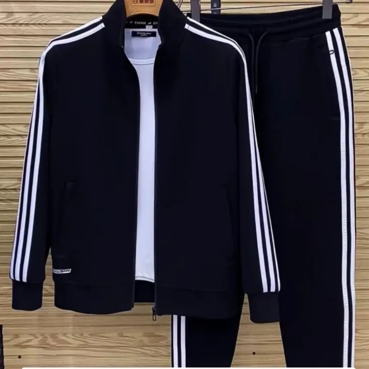 春秋新款高品质休闲长裤男款套装运动时尚立领潮流条纹秋冬百搭