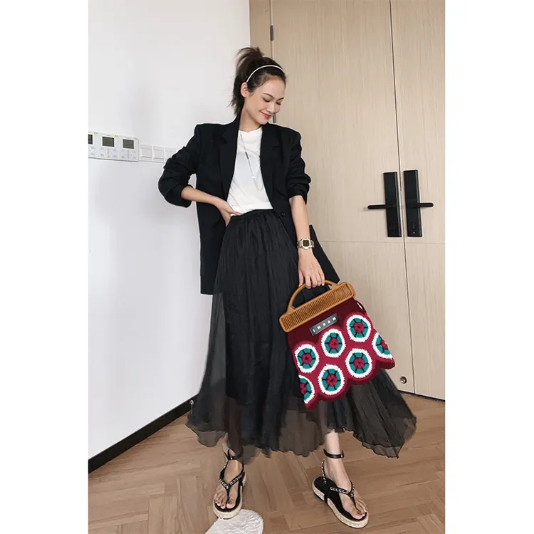 美洋MEIYANG 黎雾绿光半身裙 百搭中长款雪纺裙连衣裙