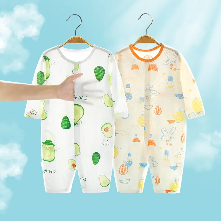 X2025夏季长袖空调服薄款婴幼儿连体衣新生儿童爬服哈衣纯棉睡衣