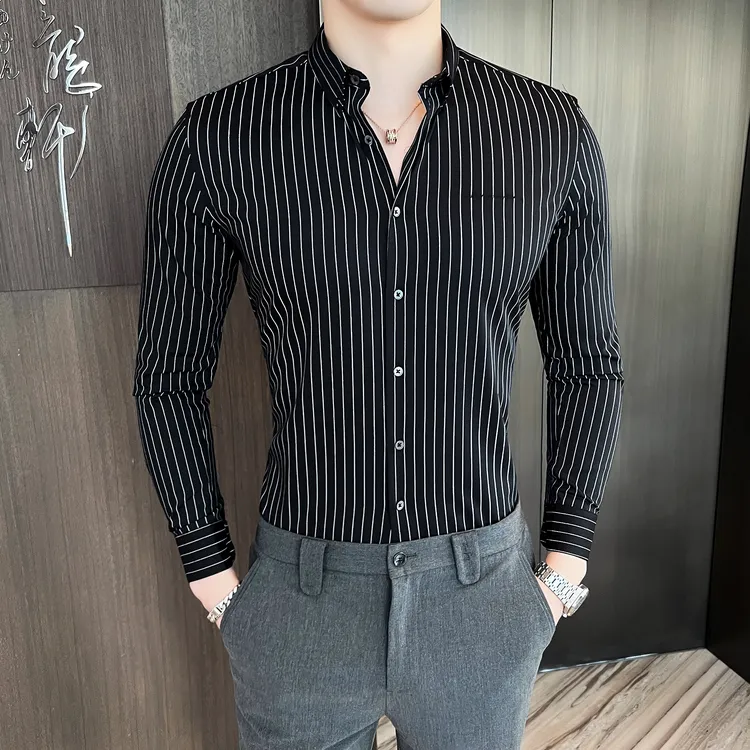 RUIZHOU/睿舟夏季新品条纹男士免烫弹力修身衬衫商务时尚韩版寸衣