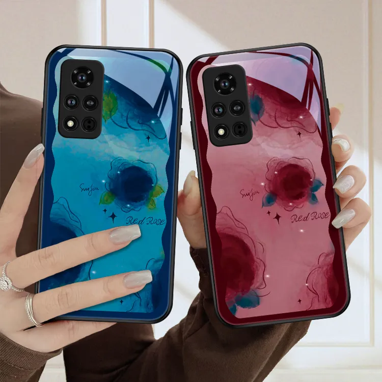 彩墨花适用华为荣耀v40手机壳v40轻奢全包v30防摔pro保护套女玻璃