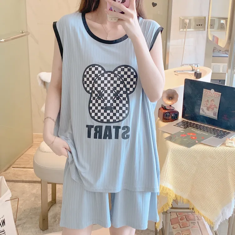 加肥加大码睡衣女背心薄款弹力新款胖妹妹无袖宽松200斤胖子套装