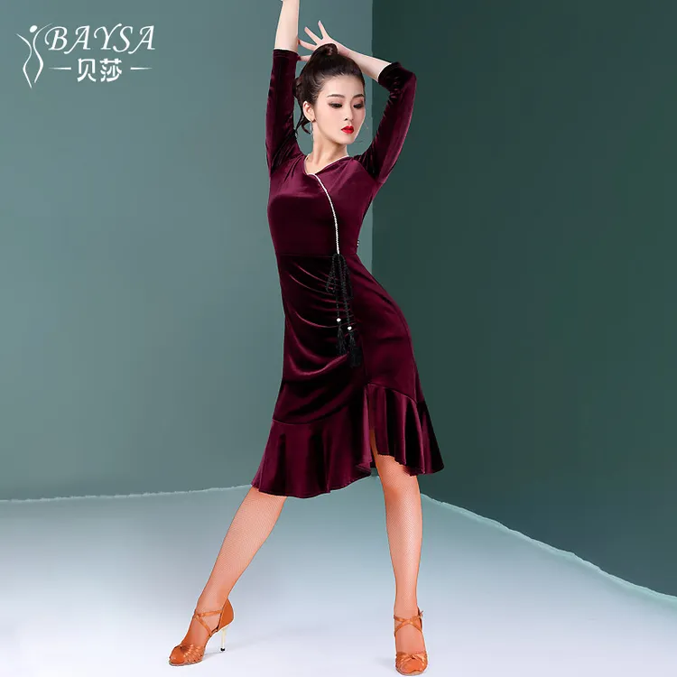 贝莎拉丁舞表演服女成人秋冬新款艺考跳舞蹈练功连衣裙Y19-422