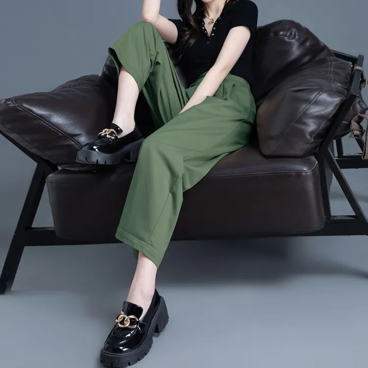 绿色天丝裤子女夏季薄款九分裤小个子哈伦裤女士日系休闲裤直筒裤