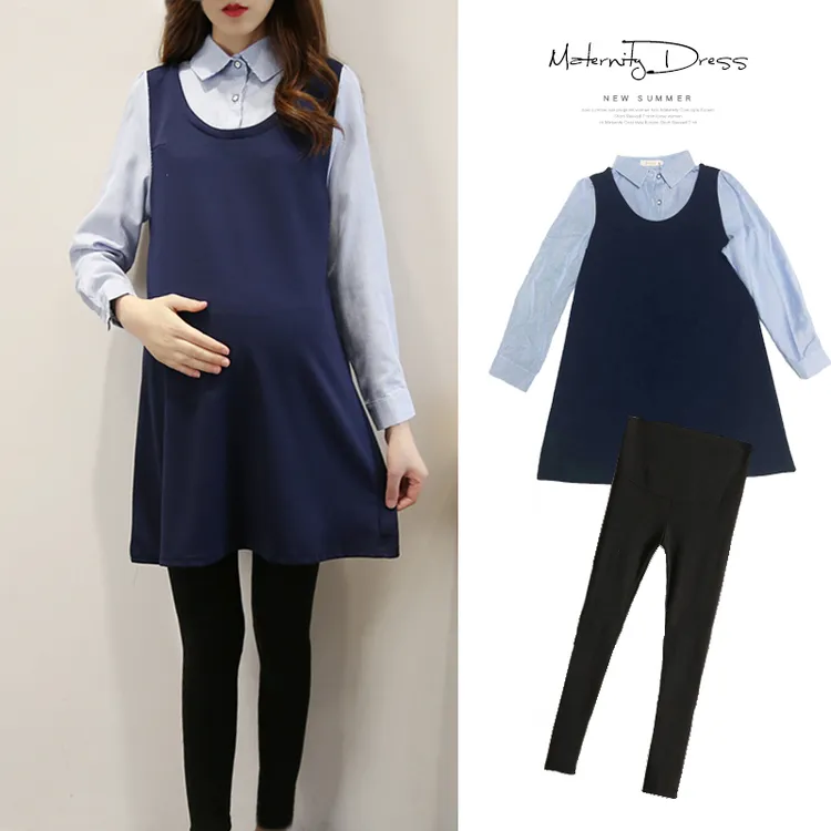 春秋孕妇连衣裙假两件拼接韩版宽松职业上班衬衣衬衫连衣裙遮肚潮