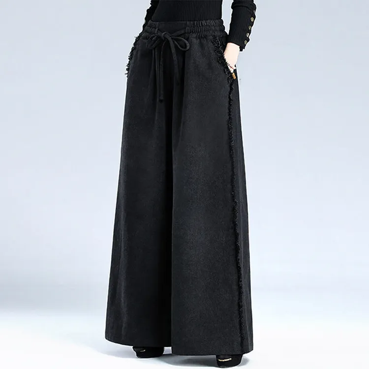 2025秋冬加绒黑色松紧高腰牛仔阔腿裤女宽松大码垂感直筒裤百搭