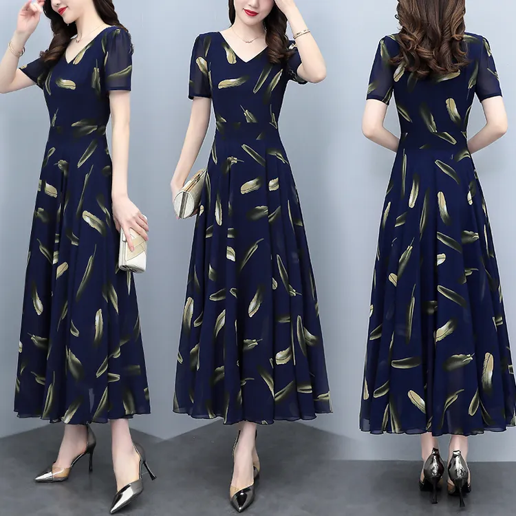 藏青色雪纺连衣裙夏季短袖2025新款长款气质收腰显瘦大摆长裙子夏