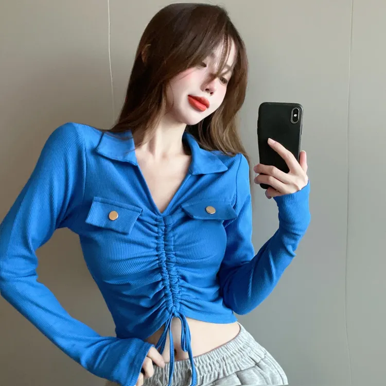 纯欲个性小心机辣妹polo领抽绳短款高腰t恤女修身显瘦长袖打底衫