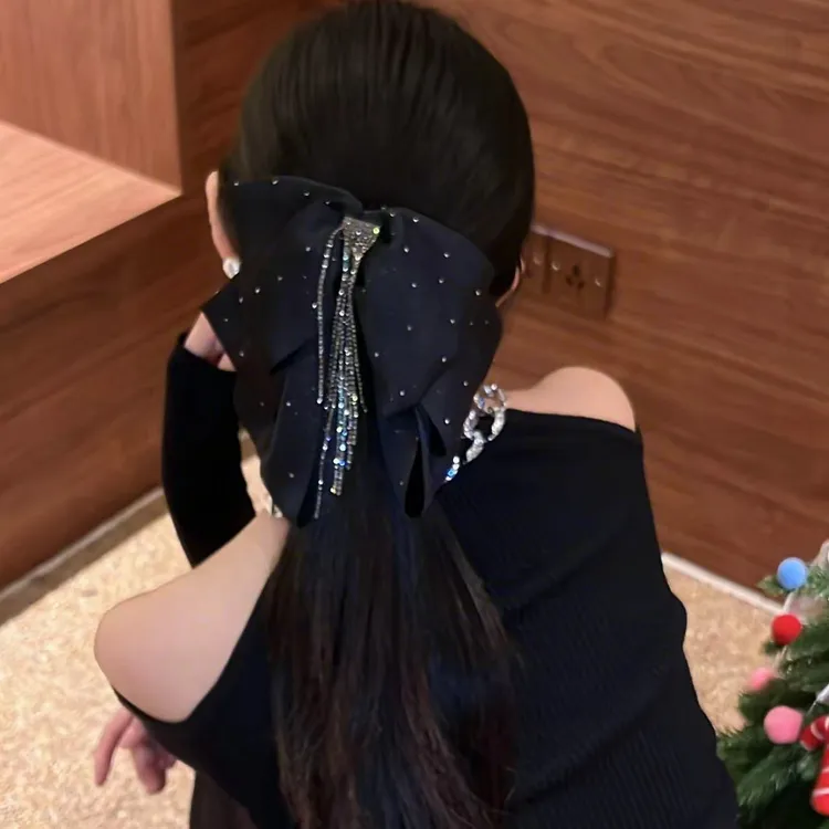 【星空】蝴蝶结流苏抓夹时尚气质黑色秋冬缎面流苏百搭发夹头饰