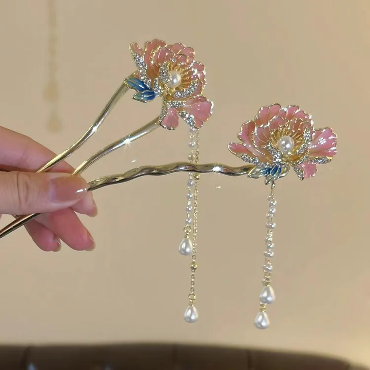 中式流苏簪子珐琅彩国风旗袍牡丹花u型发簪高级感气质发古风簪子