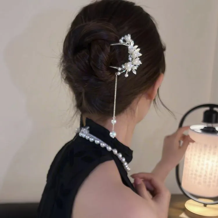 超仙花朵流苏U型发簪新中式簪子古风旗袍汉服发饰头饰发簪子