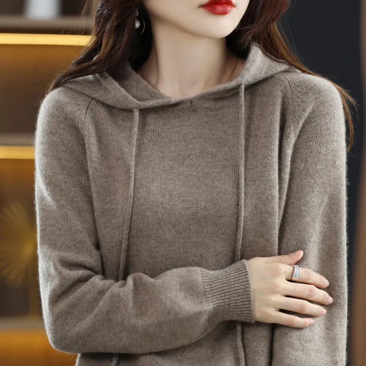 连帽羊毛衫女100纯毛卫衣针织宽松纯色长袖羊毛打底毛衣外穿佰搭