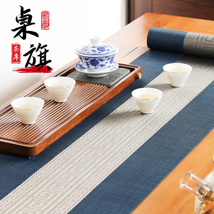 新中式桌旗禅意防水耐热蓝色布艺桌布茶桌垫布床旗长条茶几西餐垫