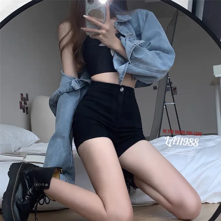 网红A字黑遮肉牛仔短裤女春夏高腰显瘦热裤紧身辣妹超短裤ins裤子
