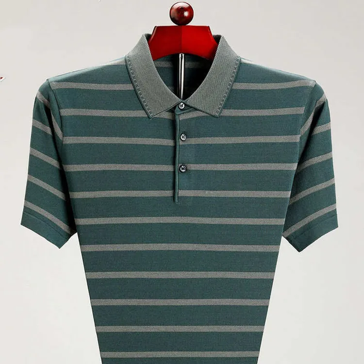 中年夏季男士短袖翻领爸爸装条纹T恤冰凉宽松大码男装上衣中老年